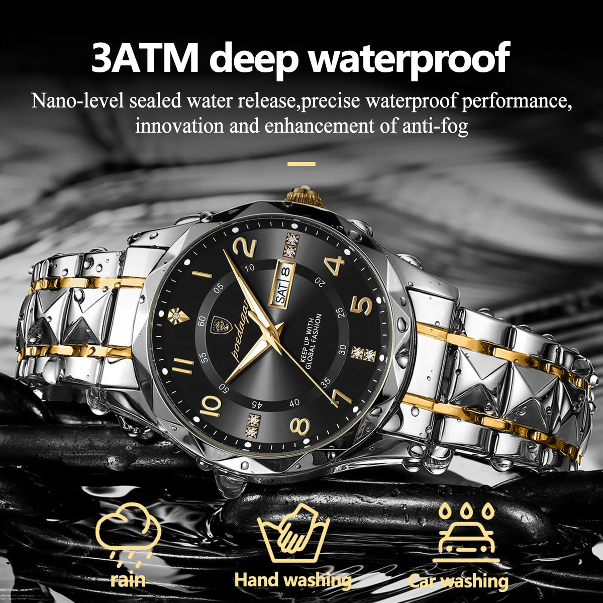 Poedagar 858 Luxury Mens Watch Waterproof Luminous Montre Date Week Moissanite Quartz Watches Stainless Steel Watches for Men