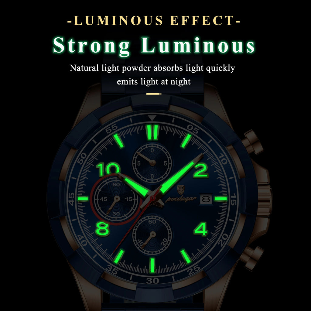 For Poedagar New Fashion Men's Quartz Watch 47MM Dial Waterproof Multi-Functional Chronograph Stainless Steel 22mm Business
