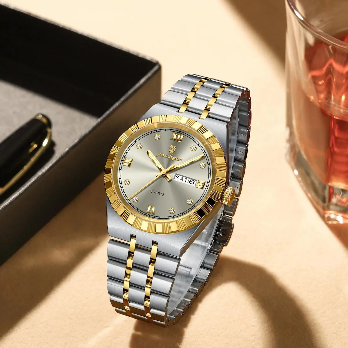 Poedagar 872 Man Wristwatch Quartz Week Date Watch for Men Waterproof Luminous Stainless Steel Men's Watches