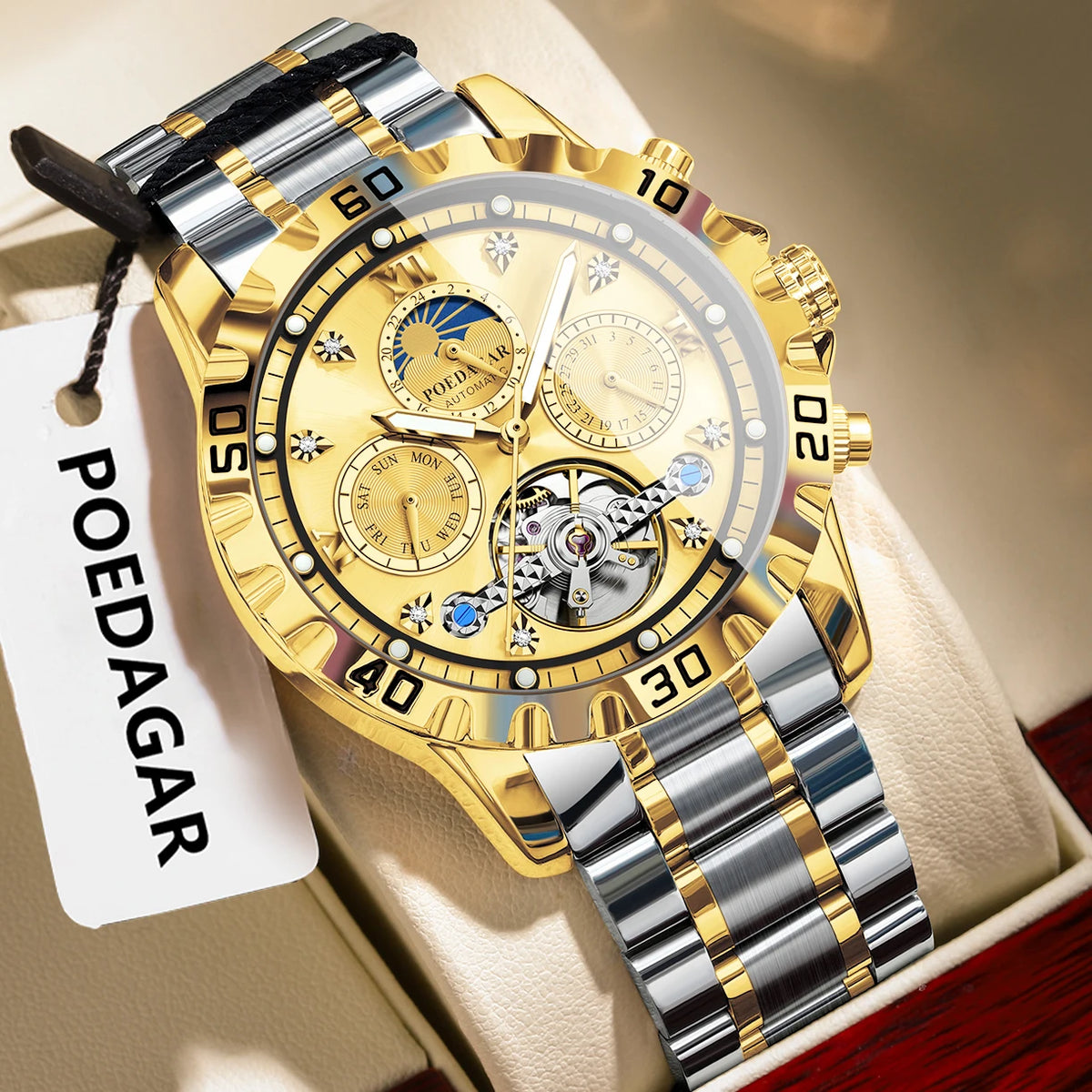 Poedagar 1423 Luxury Men's Mechanical Watch Hollow Tourbillon Stainless Steel Automatic Wristwatch Waterproof Luminous Montre