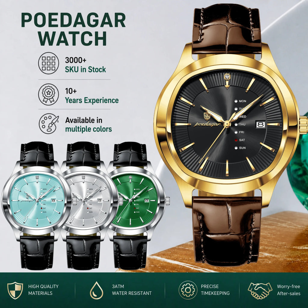 Poedagar 623 Quartz Watches Luxury Date Day Leather Strap Montre Homme Waterproof Luminous Business Daily Gift for Men