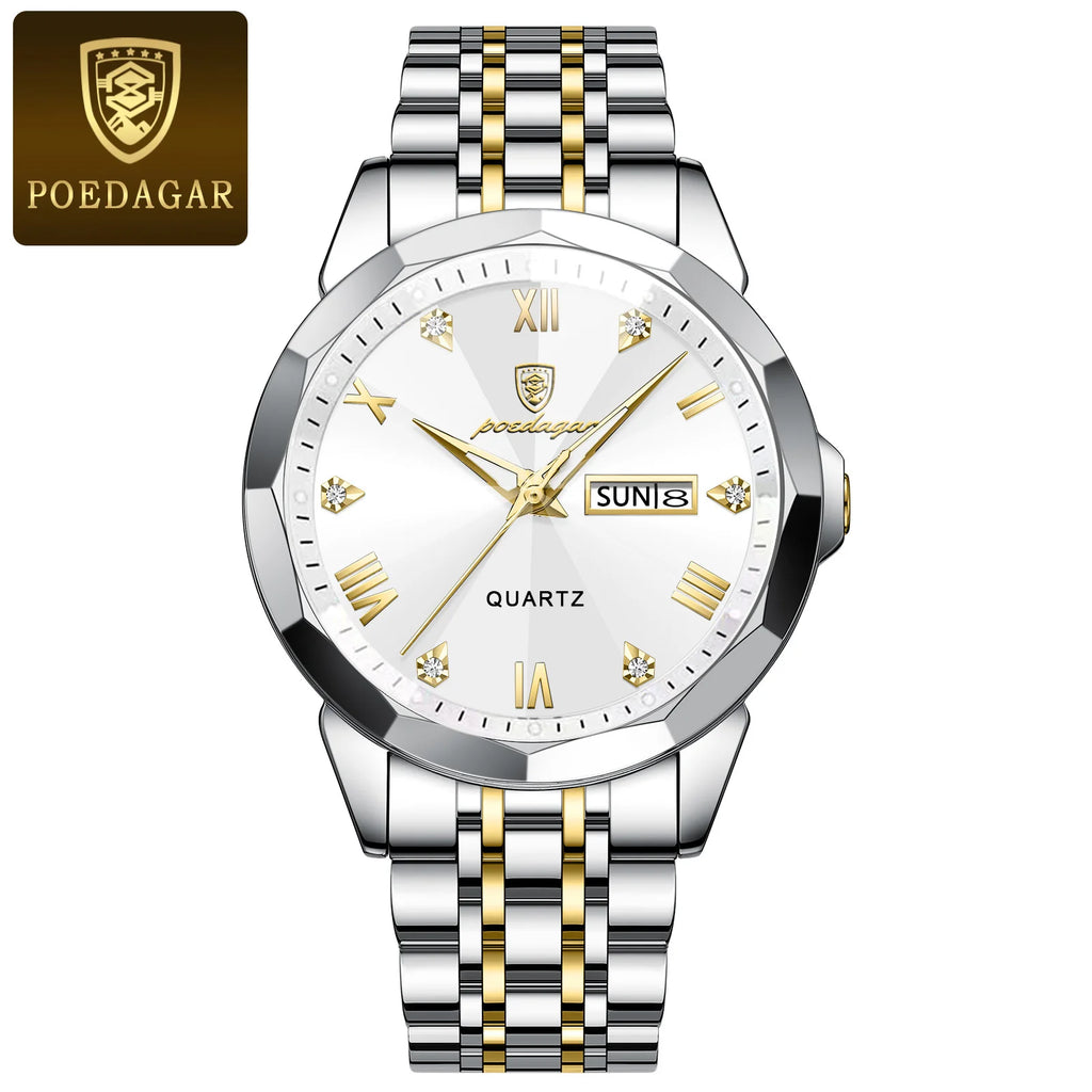 Poedagar 2023 Men Watch Fashion Stainless Steel Quartz Watch Wrist Waterproof Luminous Date Watch for Men
