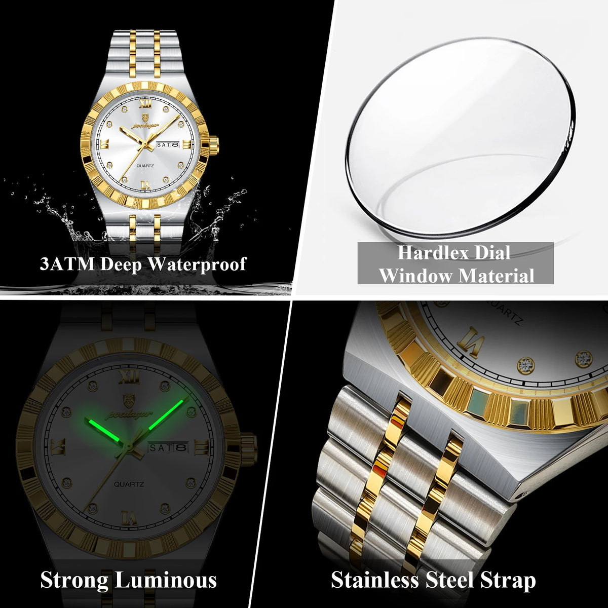 Poedagar 872 Luxury Men's Watch Week Date Waterproof Quartz Watch Luminous Stainless Steel Wristwatch for Men