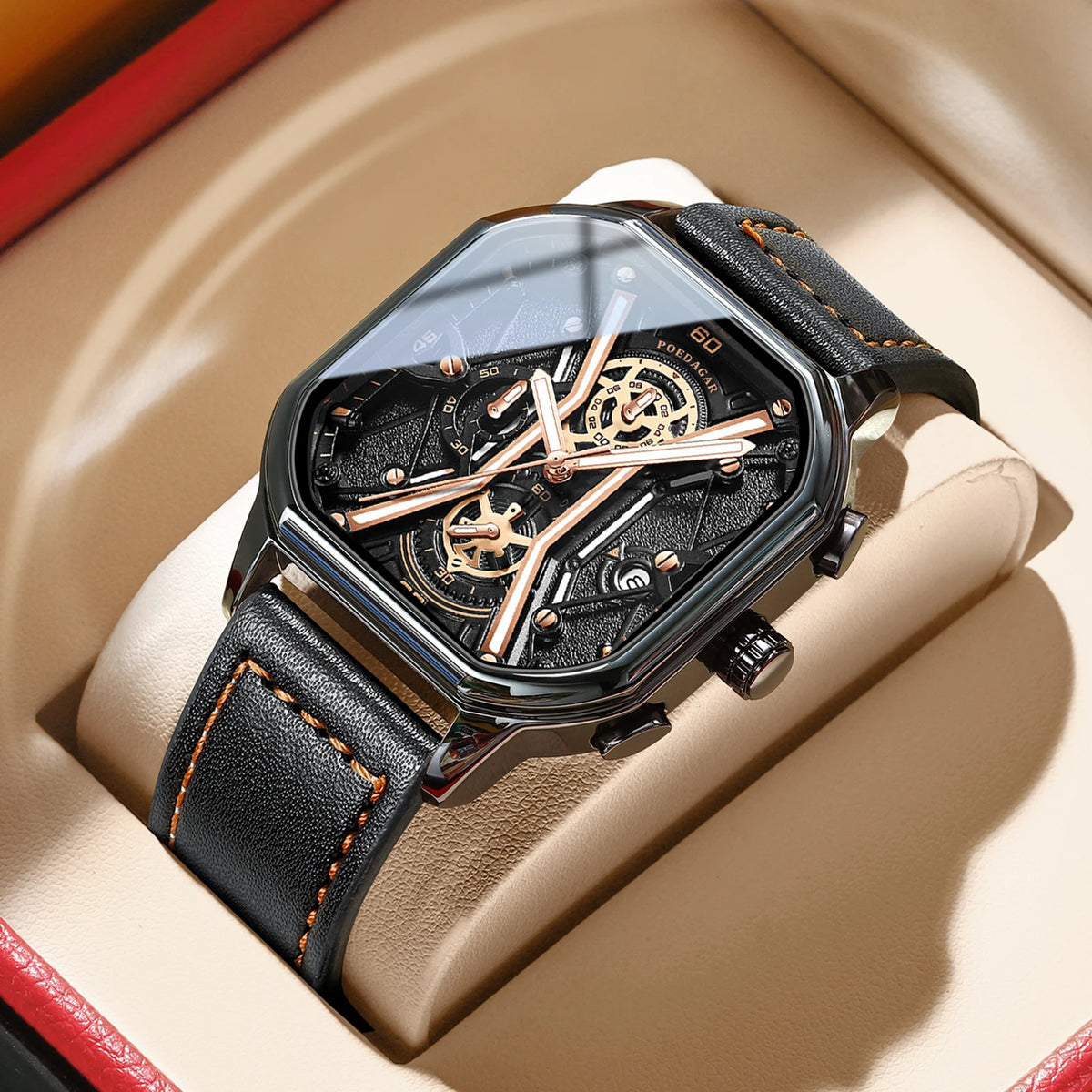 Poedagar 2023 Sport Chronograph Men Wristwatch Waterproof Leather Band Quartz Watch Luminous Calendar Watch for Men