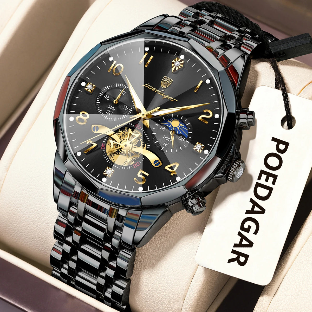 Poedagar 939 Men's Luxury Stainless Steel Chronograph Quartz Watch Waterproof Luminous Watch for Men