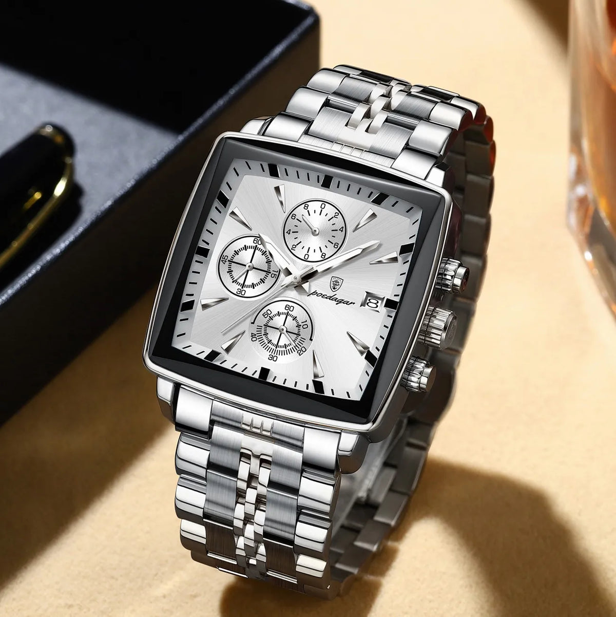 Poedagar 866 Men Watch Luxury Wholesale Square Chronograph Stainless Steel Luminous Waterproof Factory Direct Ready to Ship