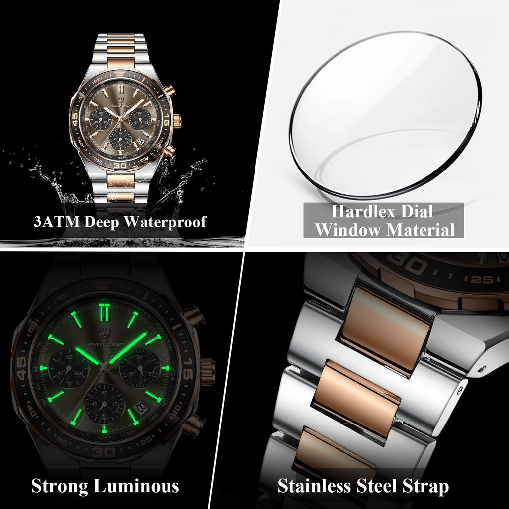 Poedagar 697 Men's Luxury Business Sport Chronograph Watch Tachymeter Luminous Date 3ATM Waterproof Steel Factory Wholesale