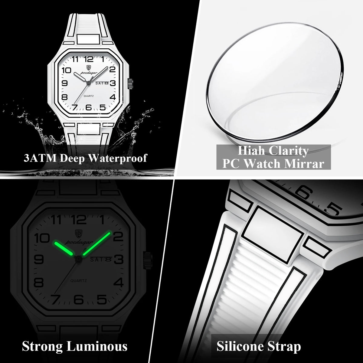 Poedagar 608 High Quality Quartz Sport Watch with Luminous Function 3ATM Waterproof Silicone Strap Wristwatch for Men
