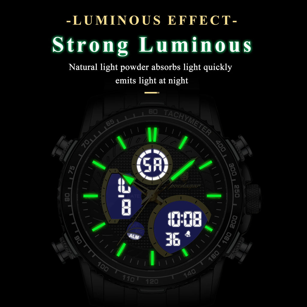 Poedagar E127 Luxury Men's Analog-Digital Watch Luminous Waterproof Dual Display Montre Homme Stainless Steel Quartz Watches