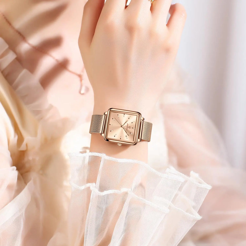 Poedagar Factory Wholesale Rose Gold Square Dial Women Quartz Watch Luxury Stainless Steel Mesh Belt Waterproof Ladies Watch