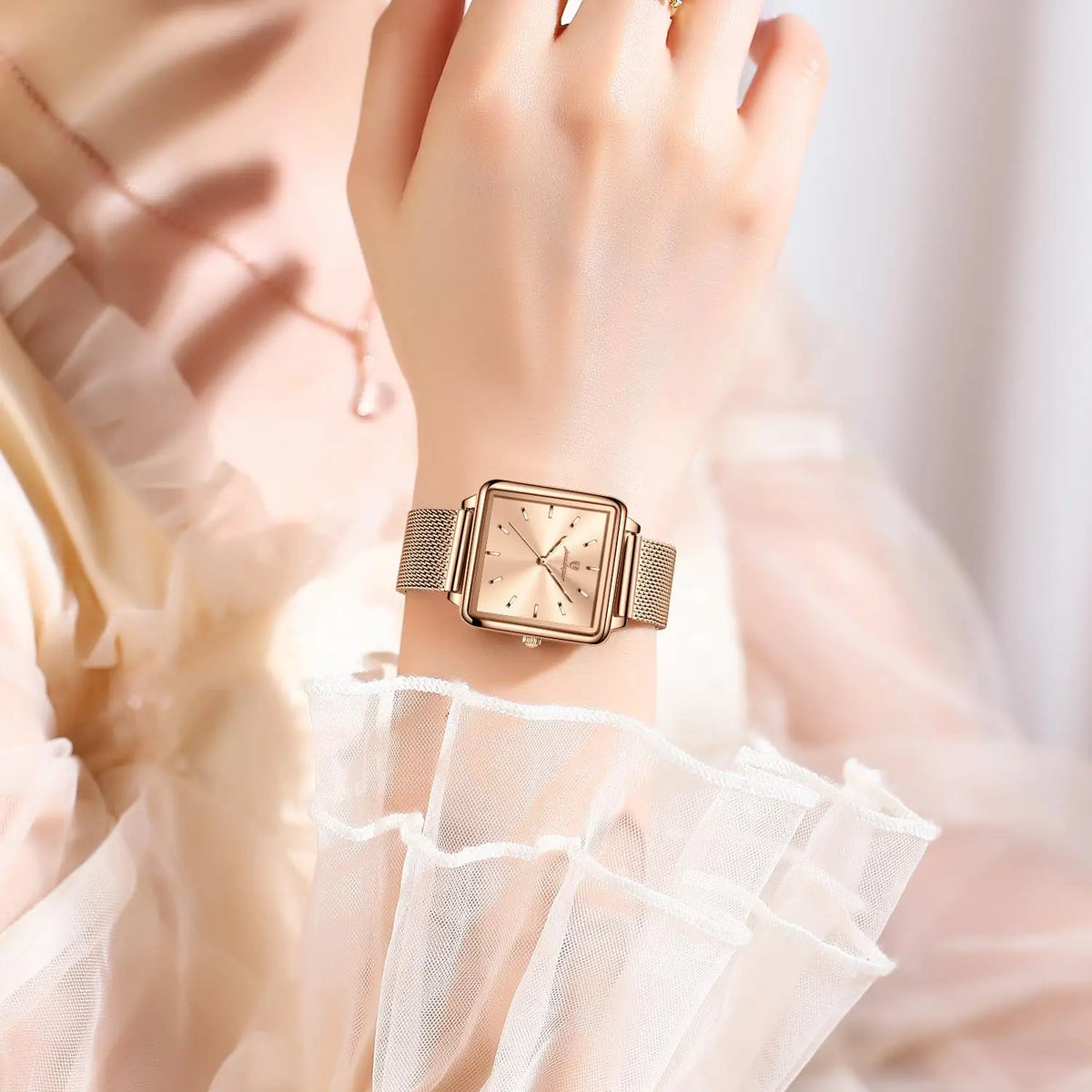 Poedagar Factory Wholesale Rose Gold Square Dial Women Quartz Watch Luxury Stainless Steel Mesh Belt Waterproof Ladies Watch