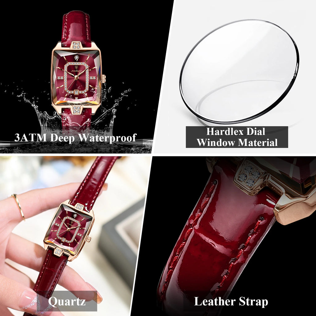 Poedagar 785 Square Shape Crystal Clock for Girl Luxury Leather Band Waterproof Quartz Women Watch