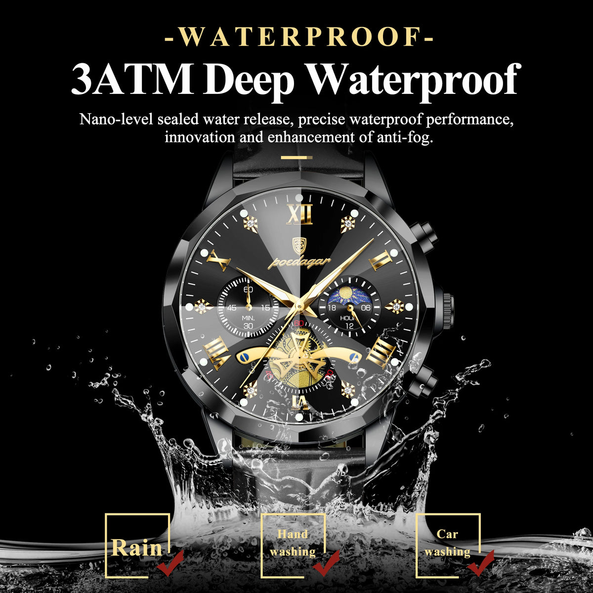 Poedagar 938 Luxury Mens Quartz Watch Luminous Waterproof Men's Watches Leather Strap Orologio Chronograph Watch for Men Gift
