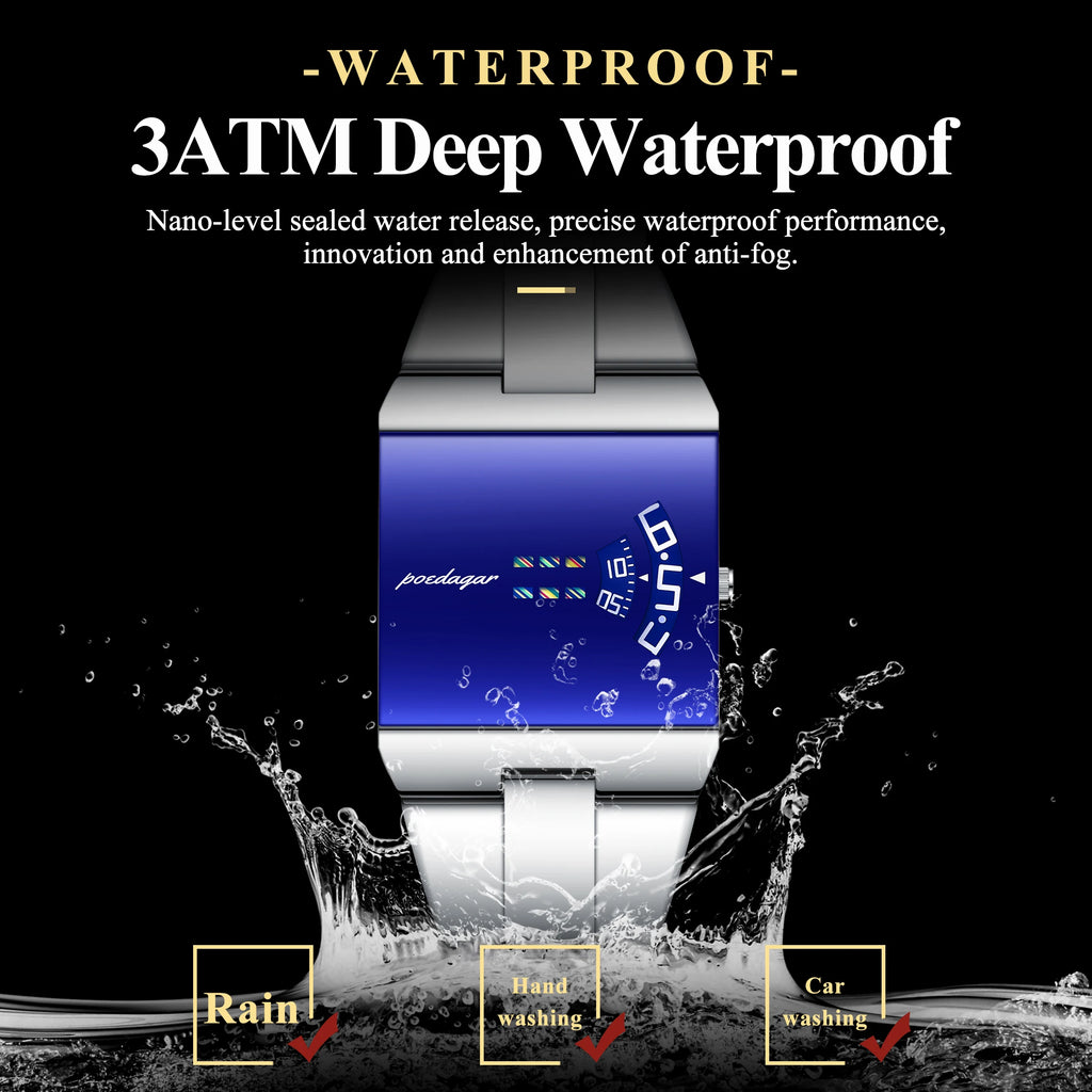 Poedagar 857 Top Rectangle Alloy Case Men's Watch 3BAR Waterproof Fashion Quartz Stainless Steel Band Wristwatch