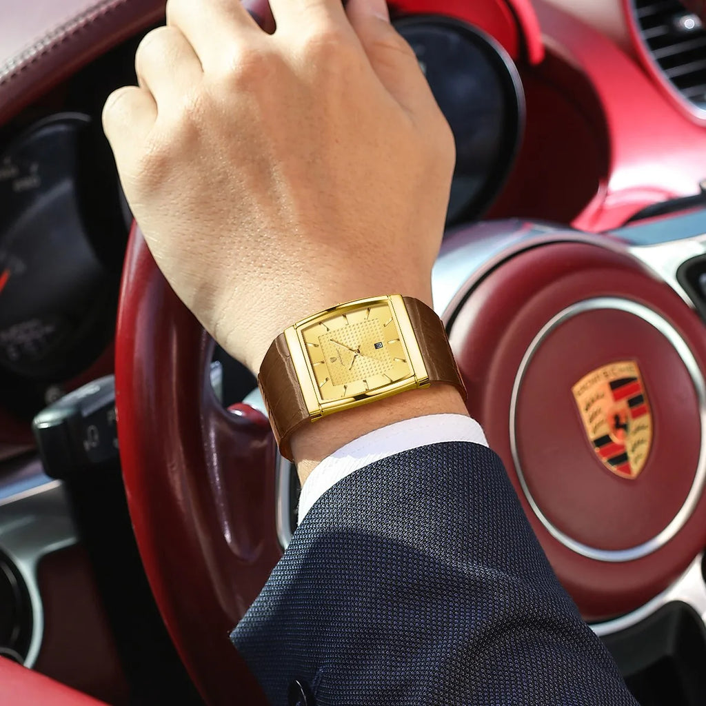 Poedagar 885 Luxury Men Watch Fully Gold Leather Strap Square Quartz Wristwatch Business Waterproof Factory Direct Ready to Ship