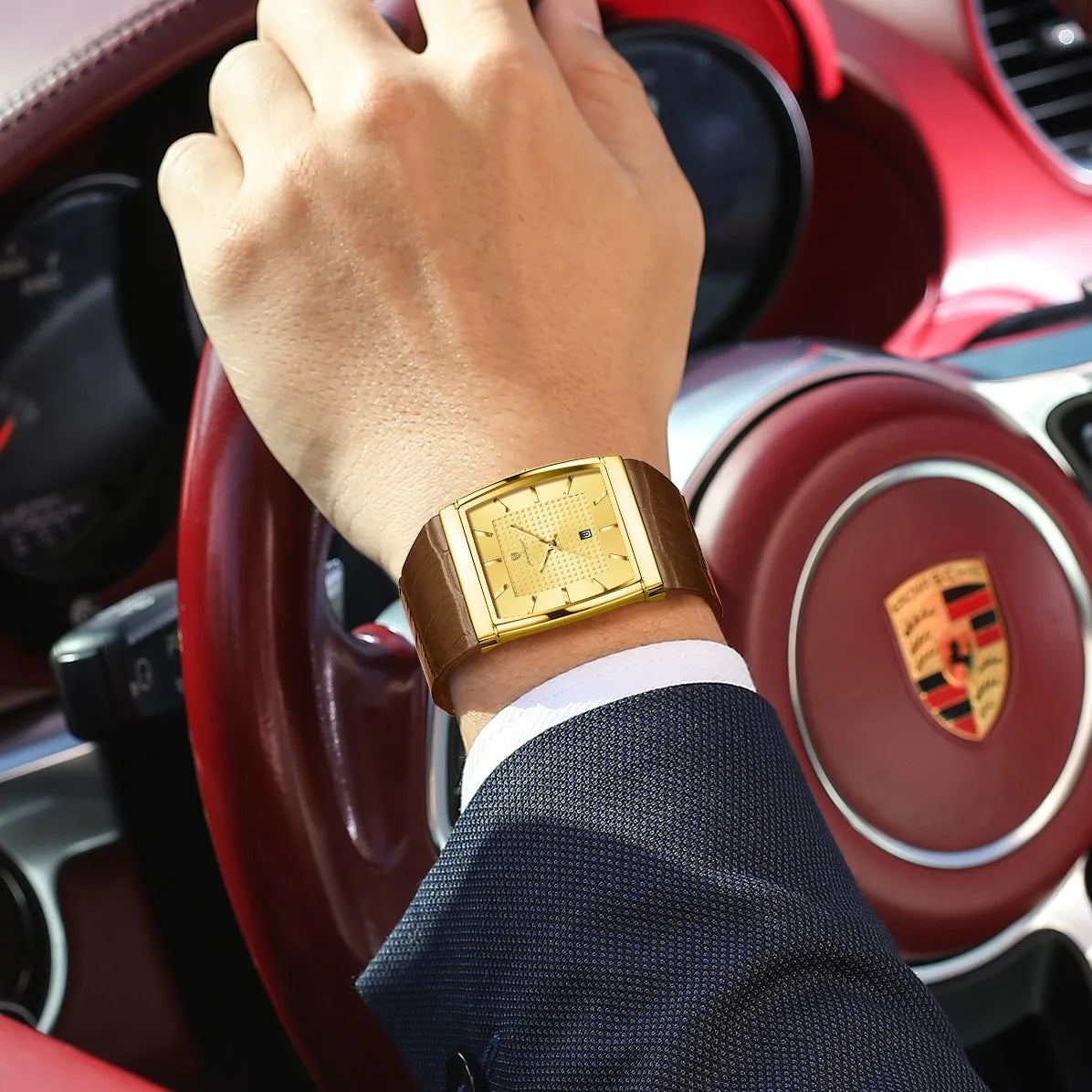 Poedagar 885 Luxury Men Watch Fully Gold Leather Strap Square Quartz Wristwatch Business Waterproof Factory Direct Ready to Ship