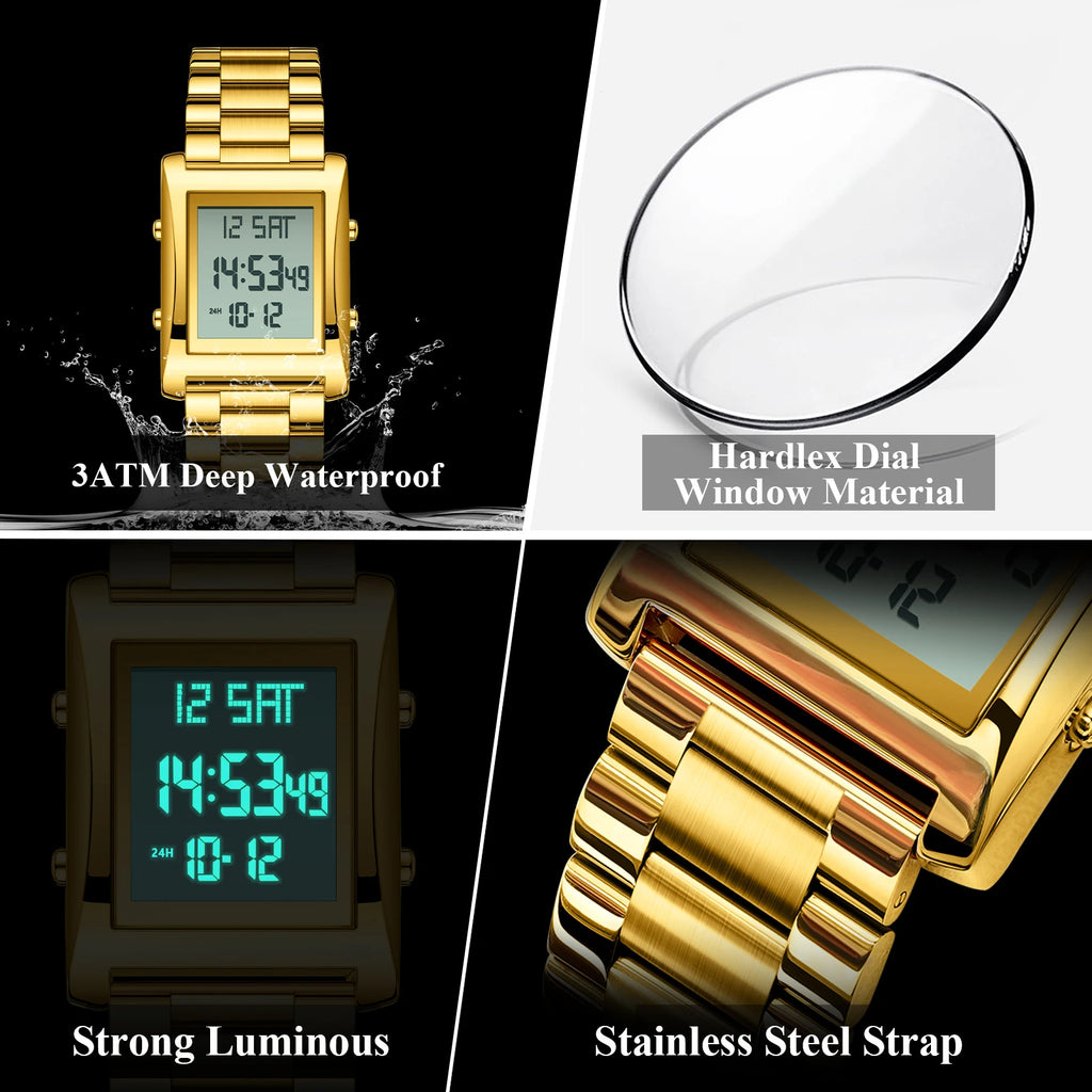 CAREKISO Original Men Watch Waterproof Week Calendar Alarm Man Wristwatch Rectangle Stainless Steel Electronic Men's Watches