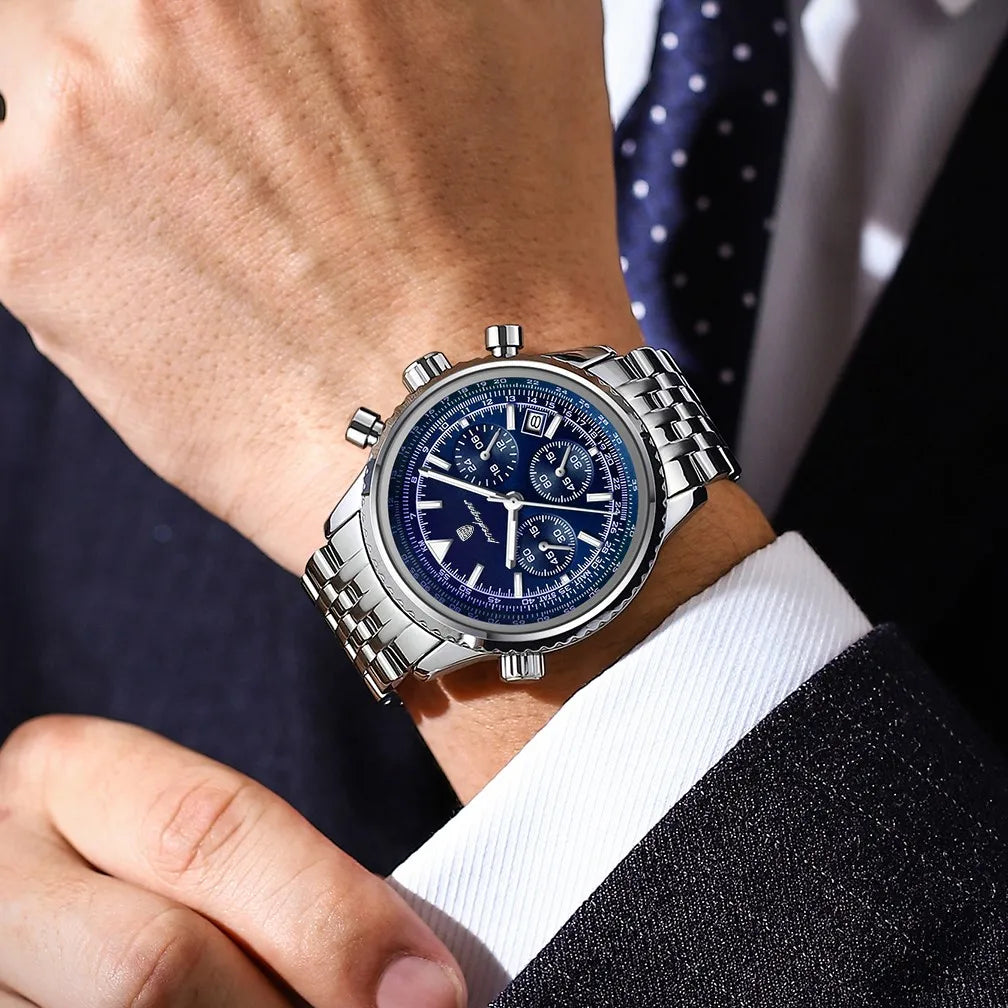 Poedagar 960 Luxury Men Watch 3-Eye Chronograph Stainless Steel Quartz Wristwatch Luminous Date Sport Business Casual Waterproof