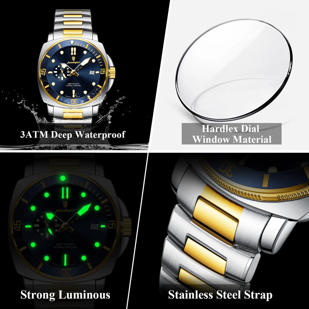 Poedagar 873 Two Tone Men Luxury Cushion Case Sport Watch Moon Phase Luminous Steel Waterproof Factory Wholesale Reloj Hombre
