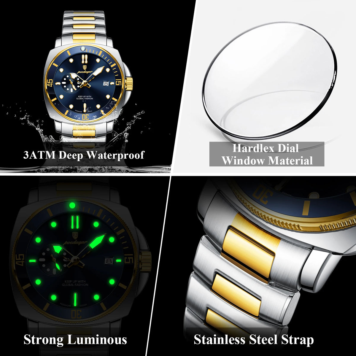 Poedagar 873 Two Tone Men Luxury Cushion Case Sport Watch Moon Phase Luminous Steel Waterproof Factory Wholesale Reloj Hombre