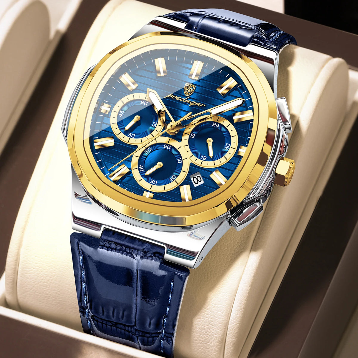 Poedagar 834 Mens Quartz Watch All-Blue Waterproof Luminous Leather Strap Business Wholesale Price Factory Direct Ready to Ship