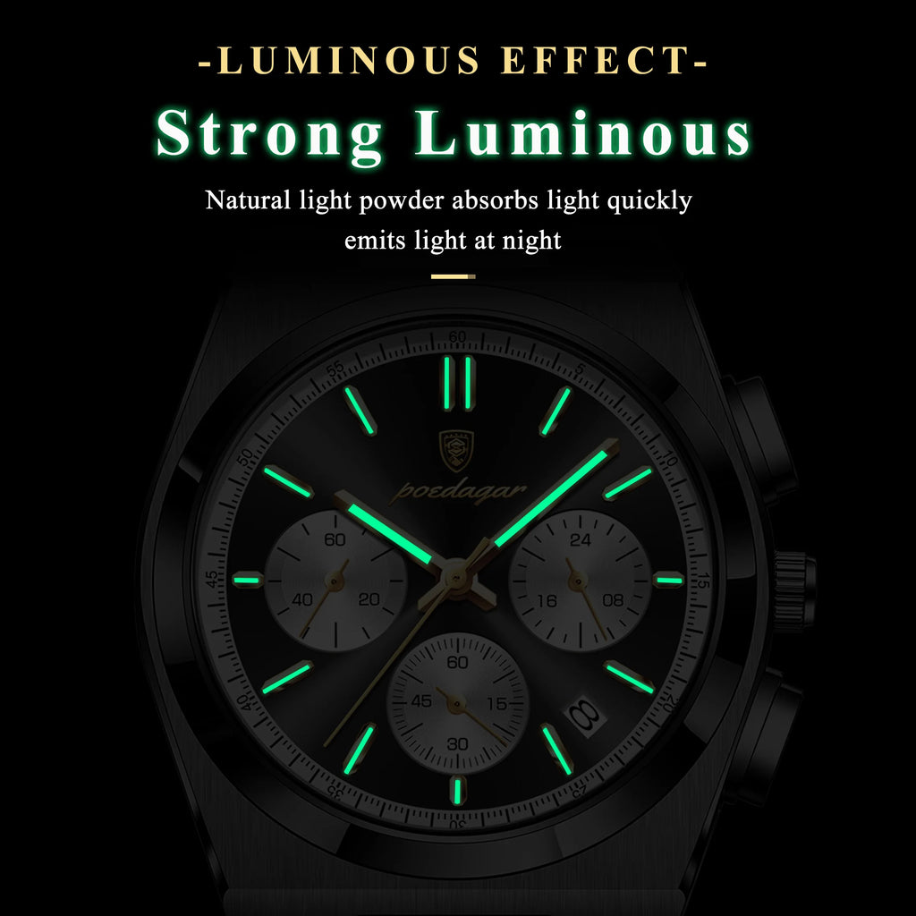 Poedagar 970 Luxury Mens Watch Waterproof Luminous Quartz Watches Montre Homme Relogio Chronograph Stainless Steel Watch for Men