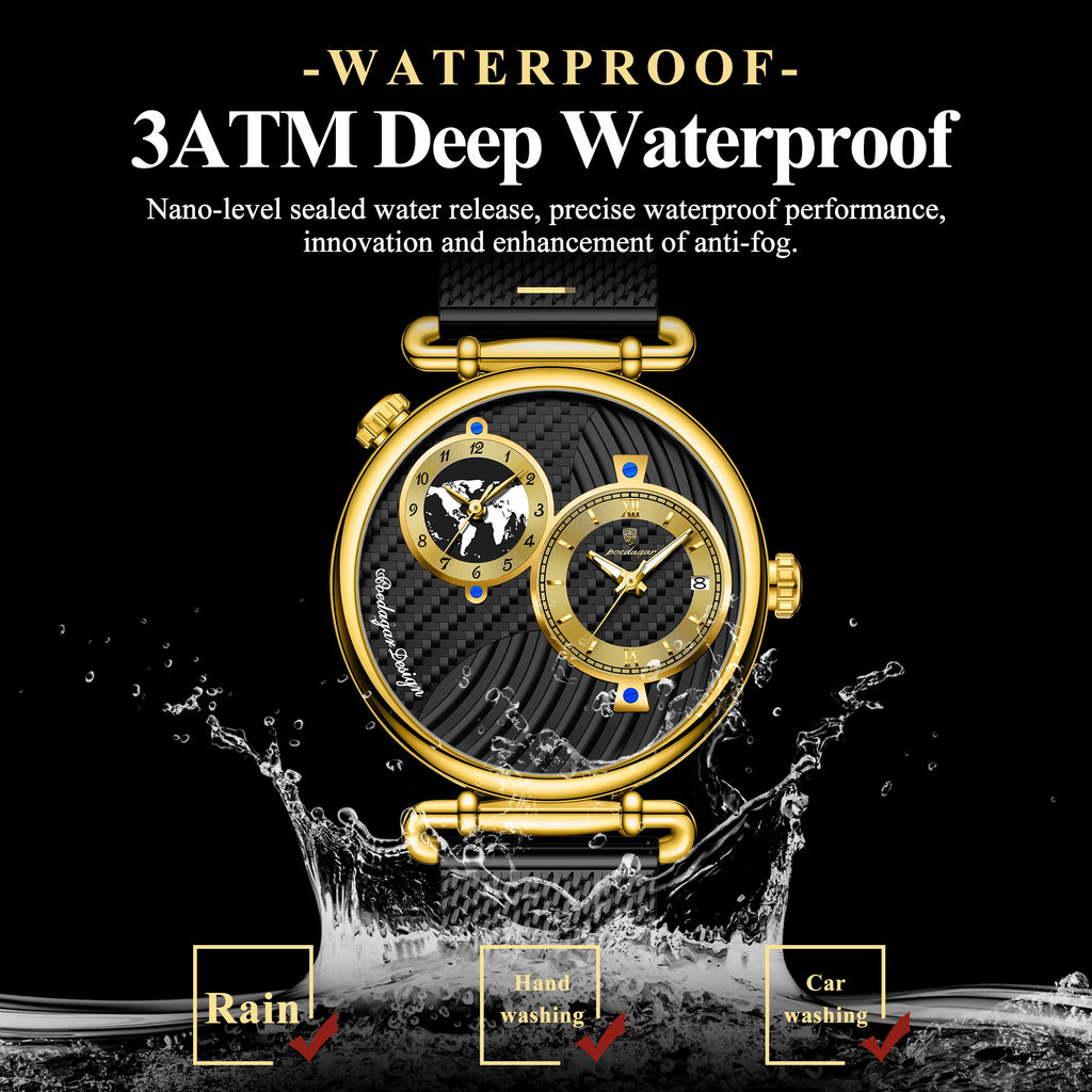 Poedagar 848 Mens Two-Tone Watch Dual Time Zone Retro Dial Mesh Stainless Steel Luminous Waterproof Formal Business Montre Homme