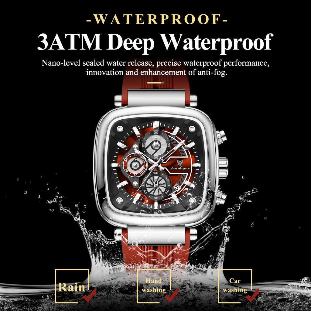 Poedagar 849 Montre Homme Luxe Black Gold Square Dial Waterproof Sport Quartz Watch Silicone Strap
