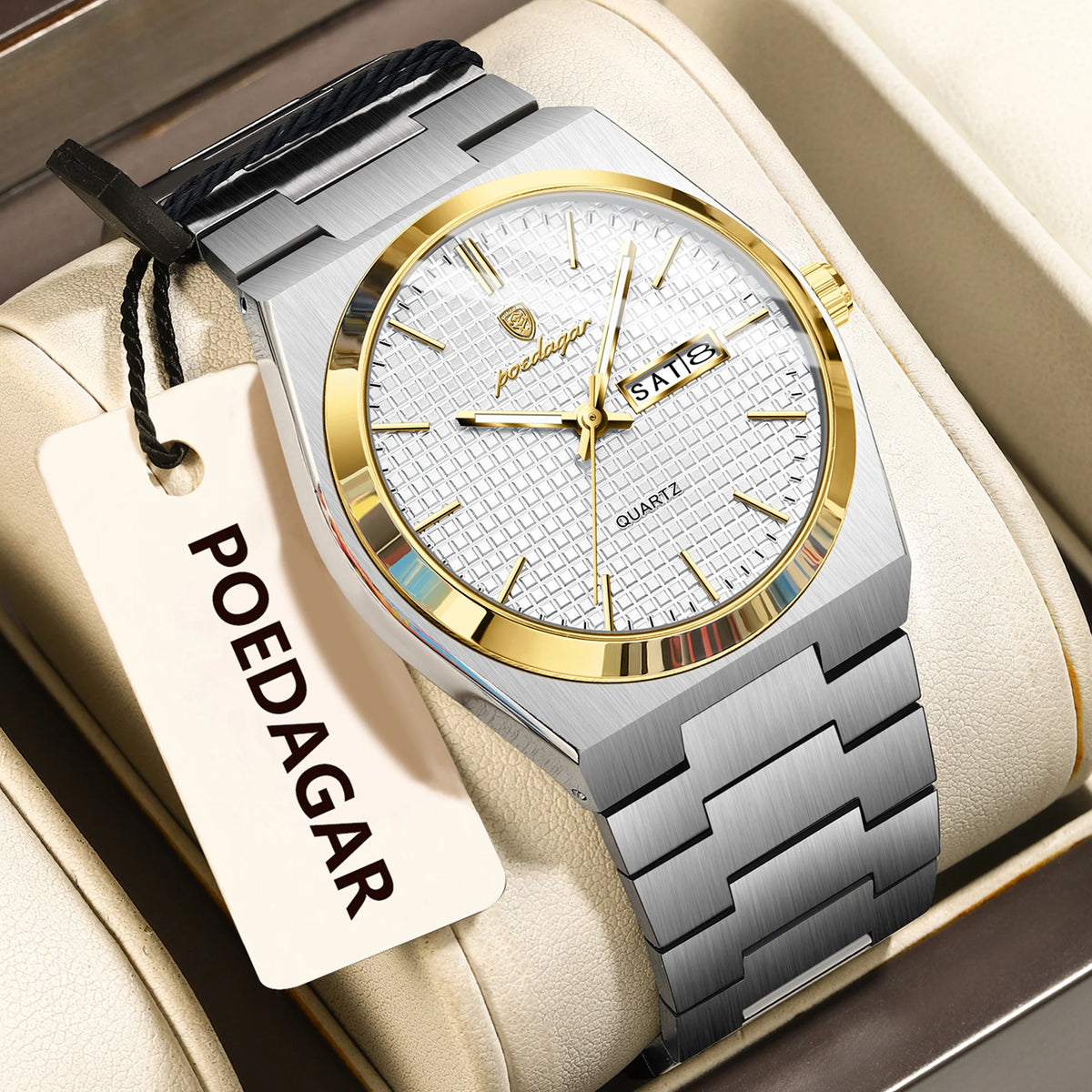 Poedagar 821 Men Watch Business Grid Dial Date Quartz Wristwatch Stainless Steel Luminous Waterproof Watch for Men Ready to Ship