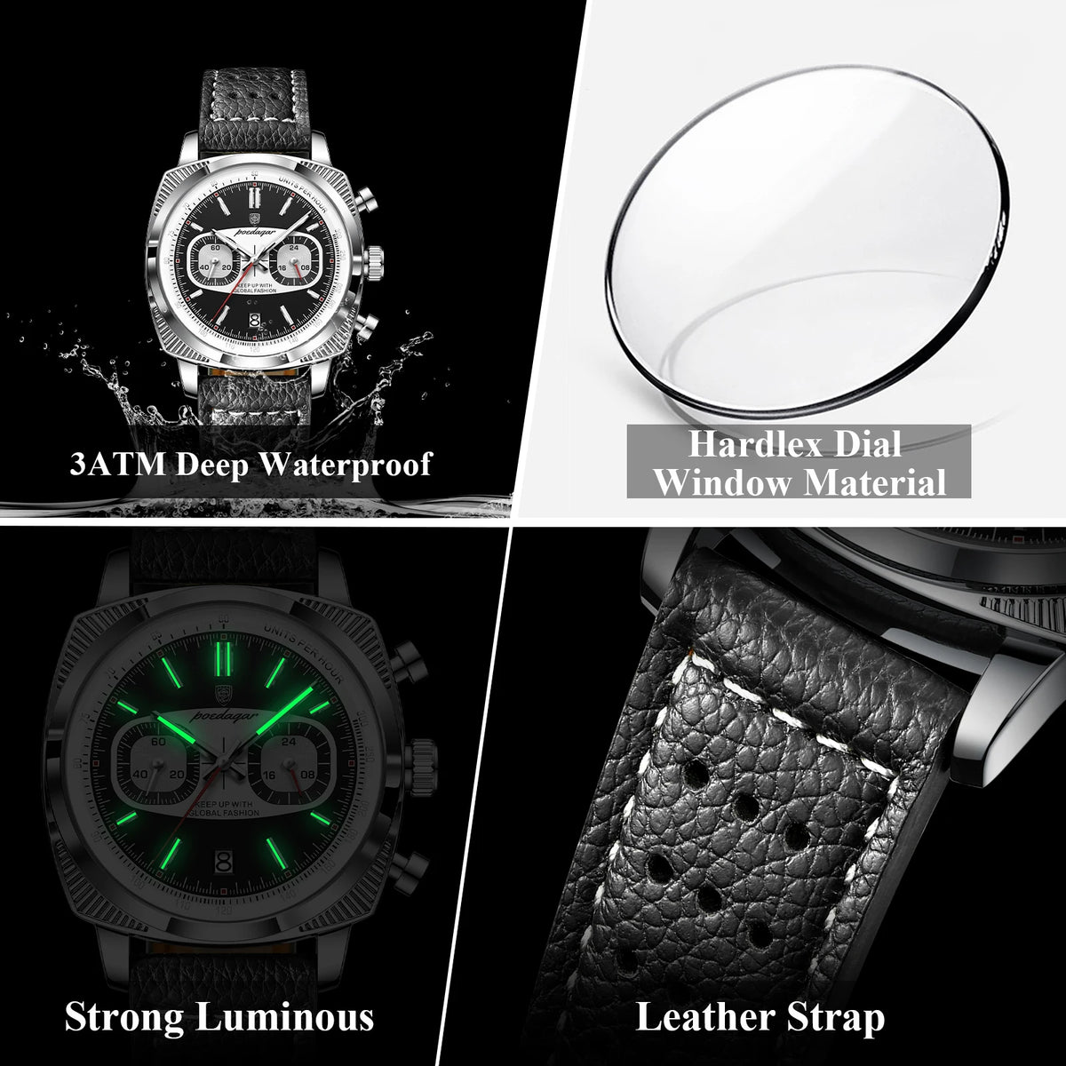 Poedagar 838 Mens Quartz Watch Chronograph Date Display Leather Strap 3ATM Waterproof Luminous Business Casual Wristwatch