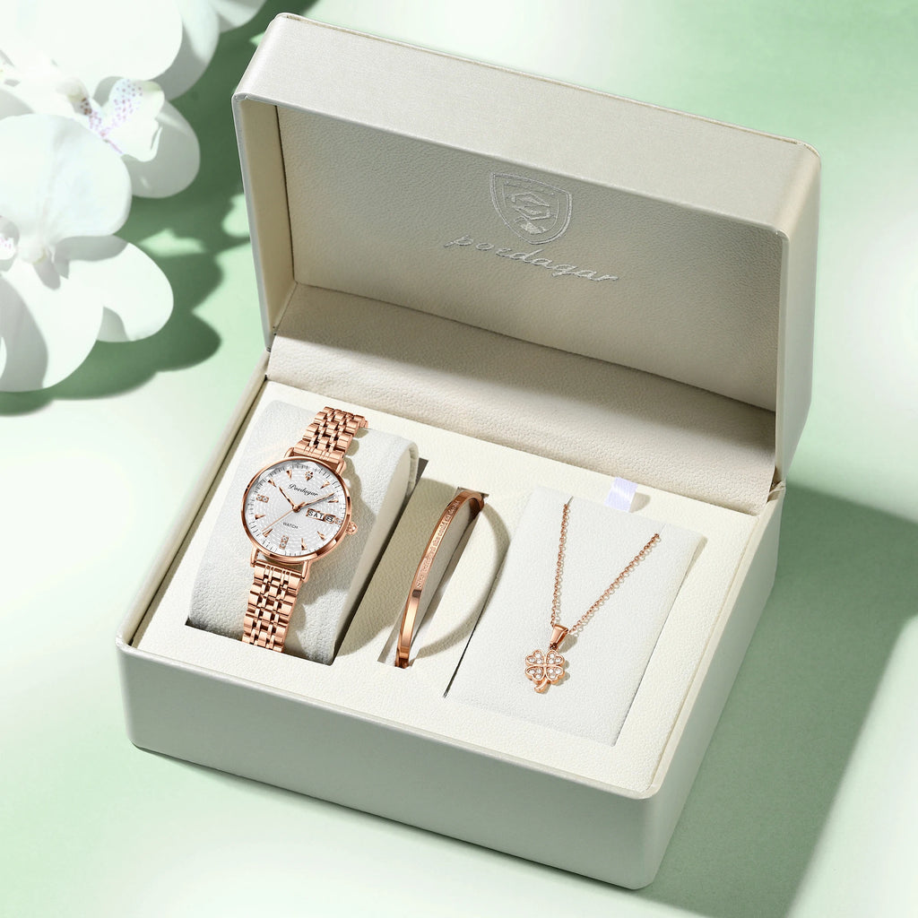 Poedagar 312 Luxury Ladies Watch & Bracelet Gift Set Stainless Steel Date Week Quartz Watches Waterproof Luminous Watch for Girl