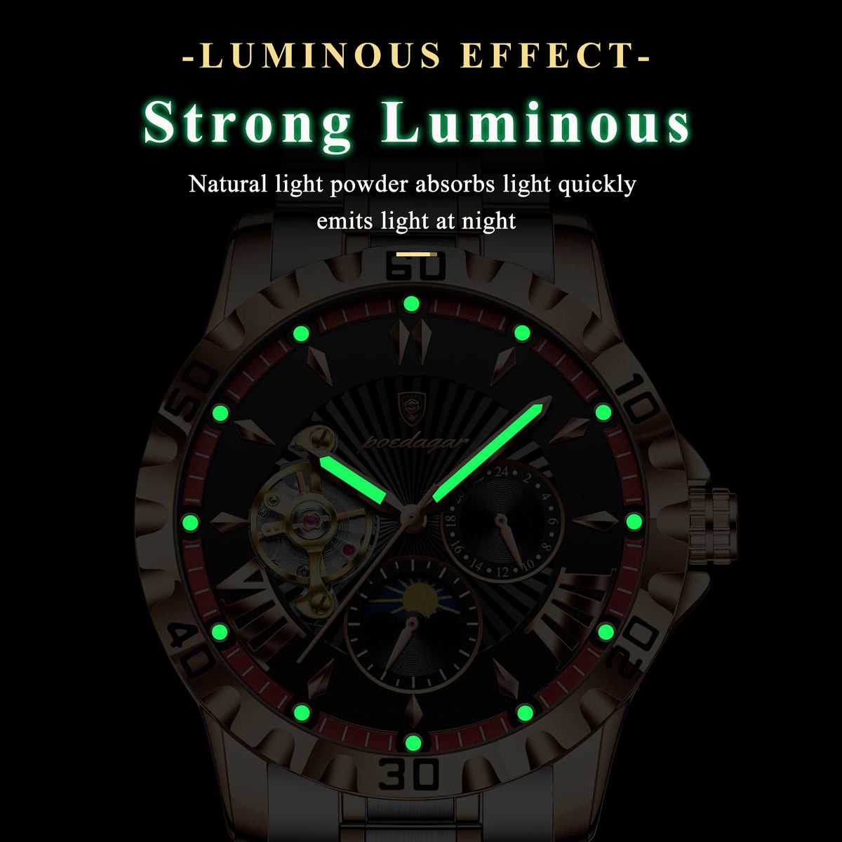 Poedagar 1415 Original Stainless Steel Band Men Montre 3 ATM Waterproof Automatic Mechanical Watch for Men