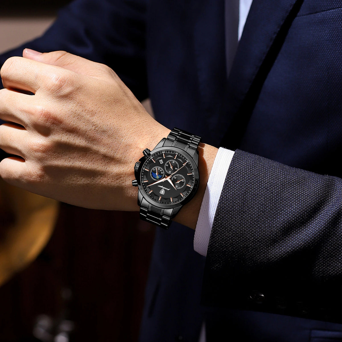 Ready to Ship Poedagar 928 Men Watch Luxury Moon Phase Chronograph Relief Dial Stainless Steel Luminous Waterproof Watch for Men