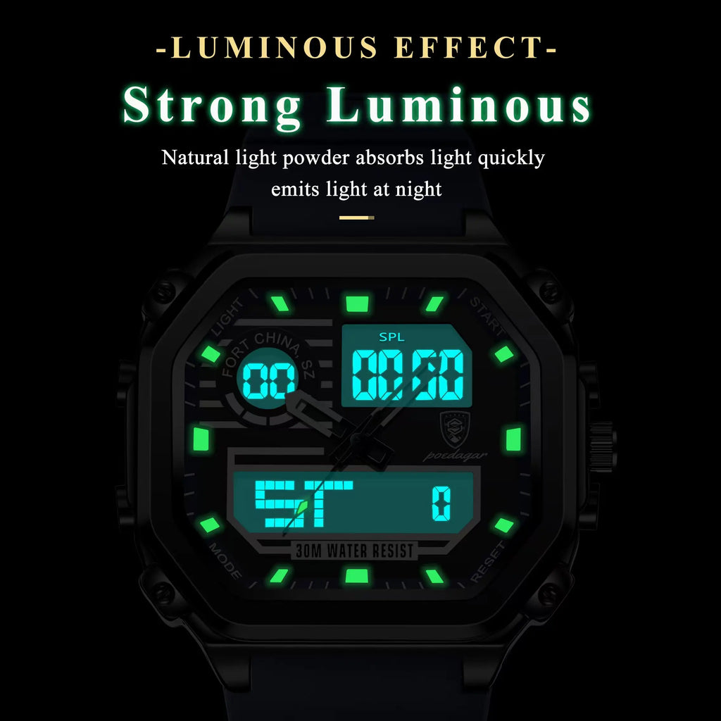 Poedagar 993 Silicone Waterproof Men Digital Quartz Chronograph Relojes LED Dual Time Display Electronic Men's Watch