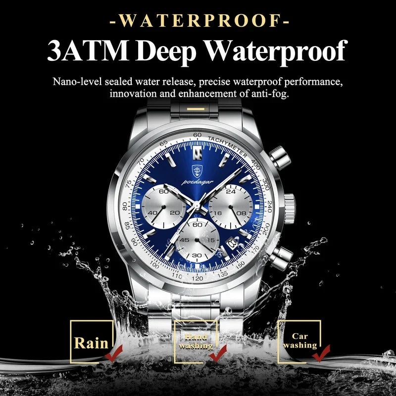 Poedagar 921 Luxury Stainless Steel Men's Watch Waterproof Luminous Chronograph Quartz Watches for Men