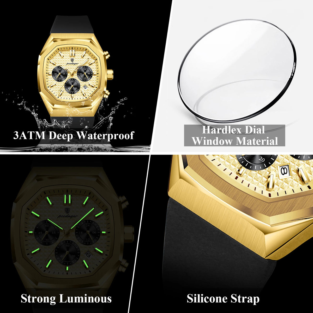 Poedagar 893 Luxury Mens Watches Silicone Strap Sports Wristwatch Montre Waterproof Luminous Chronograph Quartz Watches for Men