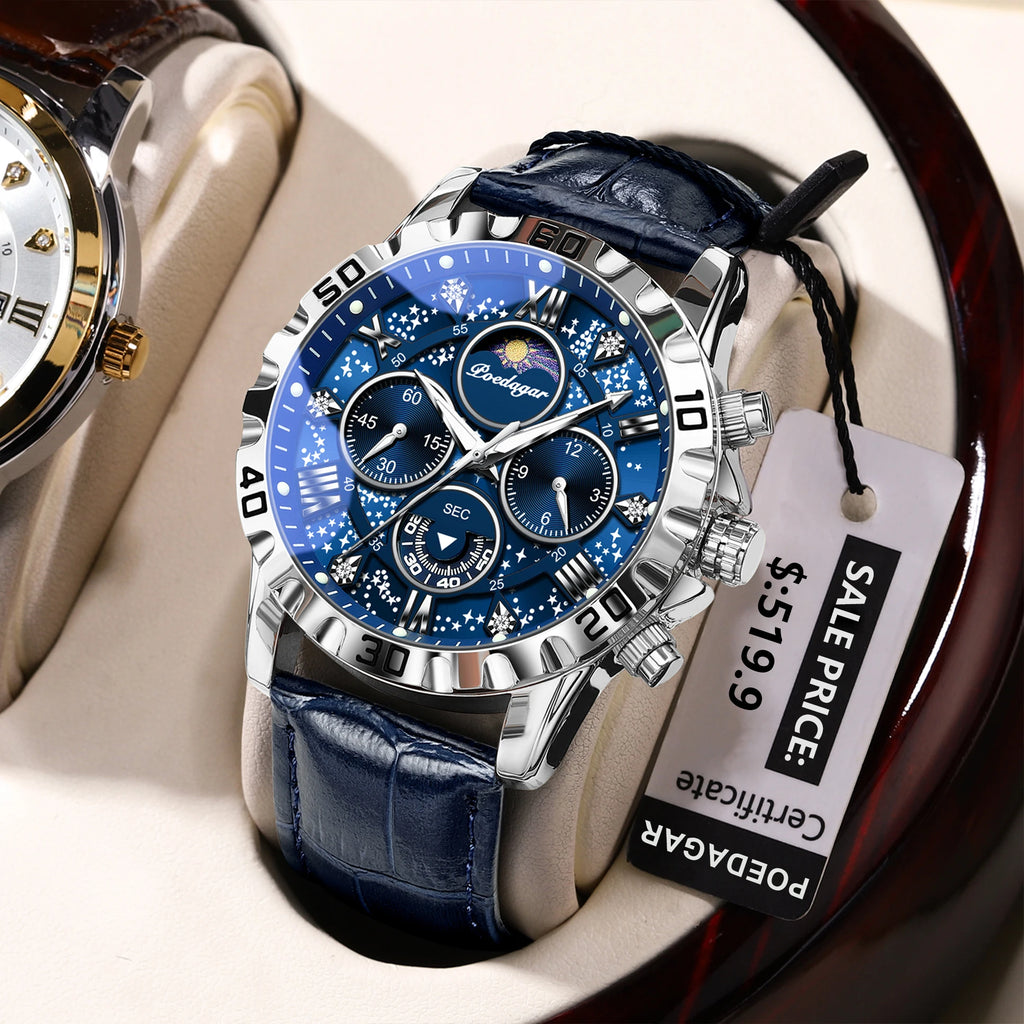 Poedagar High Quality Leather Luxury Mens Watch Waterproof Luminous Quartz Watches Chronograph Watch for Men