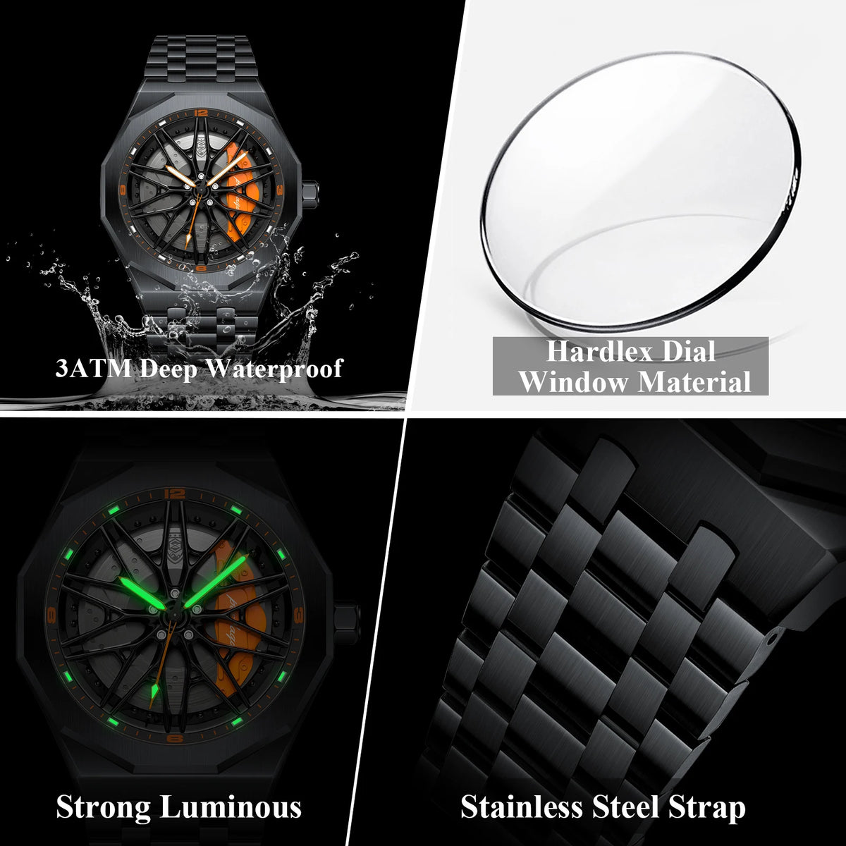 Poedagar 809 Mens Quartz Watch 3D Rotating Car Wheel Hub Stainless Steel Band Sports Wristwatch for Men Wholesale Ready to Ship