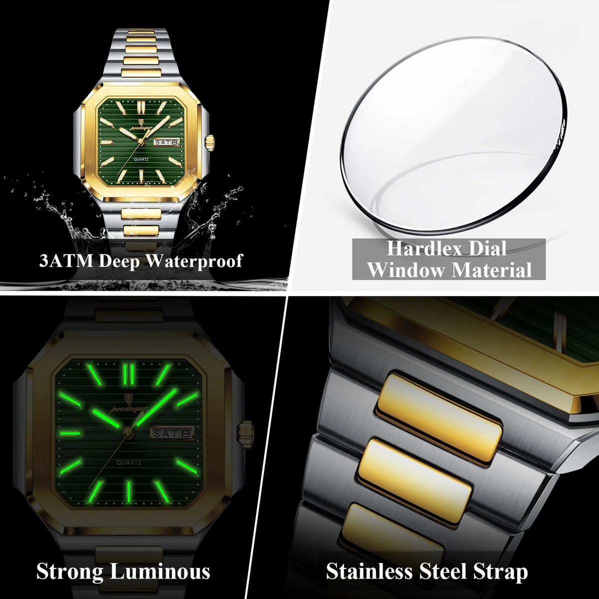 Poedagar 672 Men's Watch Luxury Square Case Stainless Steel Quartz Wristwatch Waterproof Luminous Date Business Watch for Men