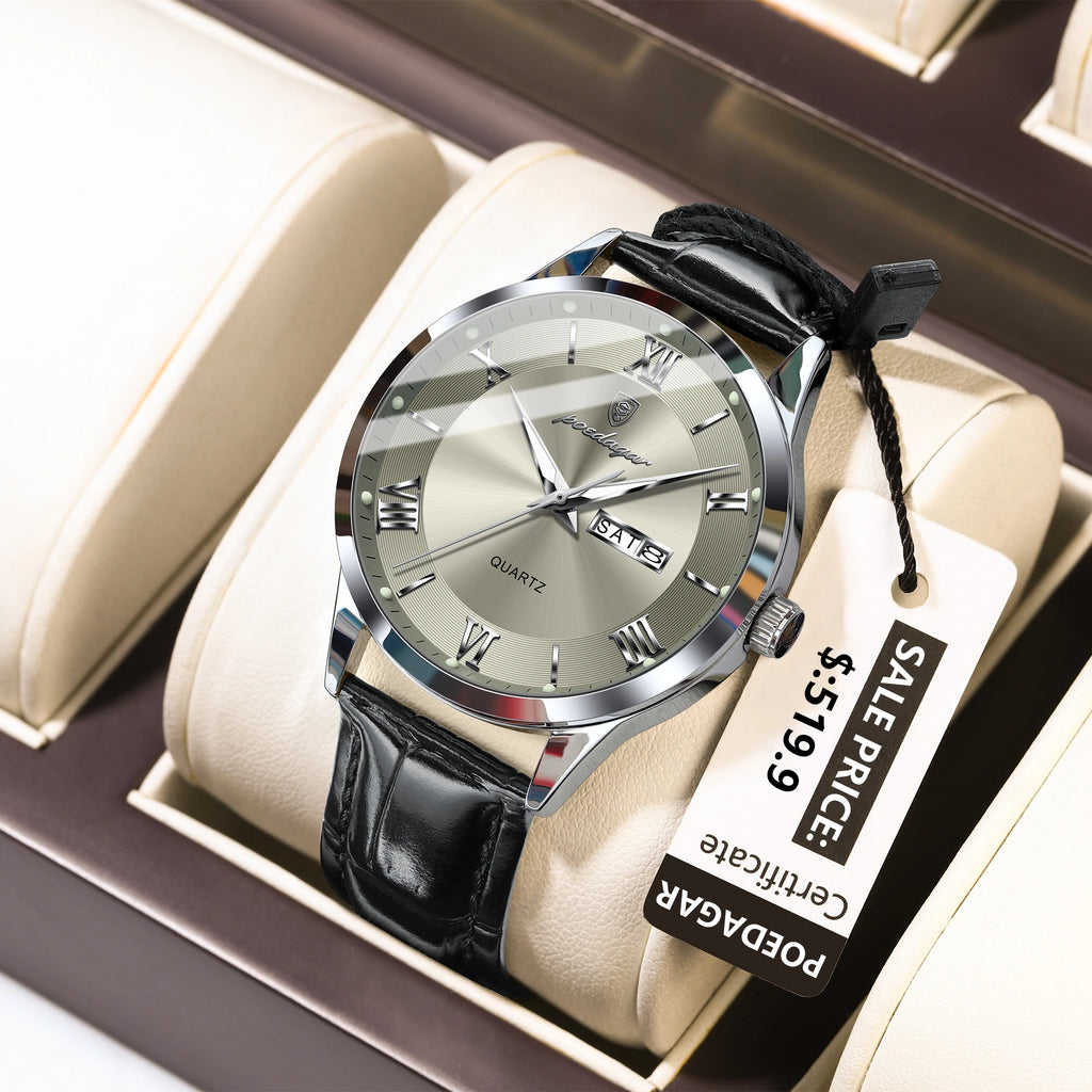 Poedagar 978 Luxury Leather Bracelet Quartz Watch for Men Luminous Waterproof Mens Watch