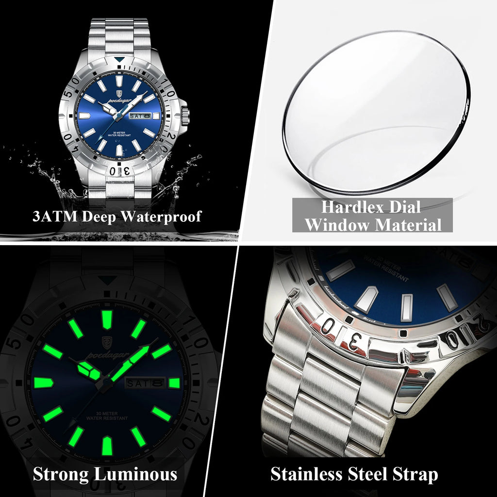 Poedagar 959 Luxury Men Watch Stainless Steel Business Quartz Wristwatch Waterproof Luminous Date Reloj Hombre Watch for Men