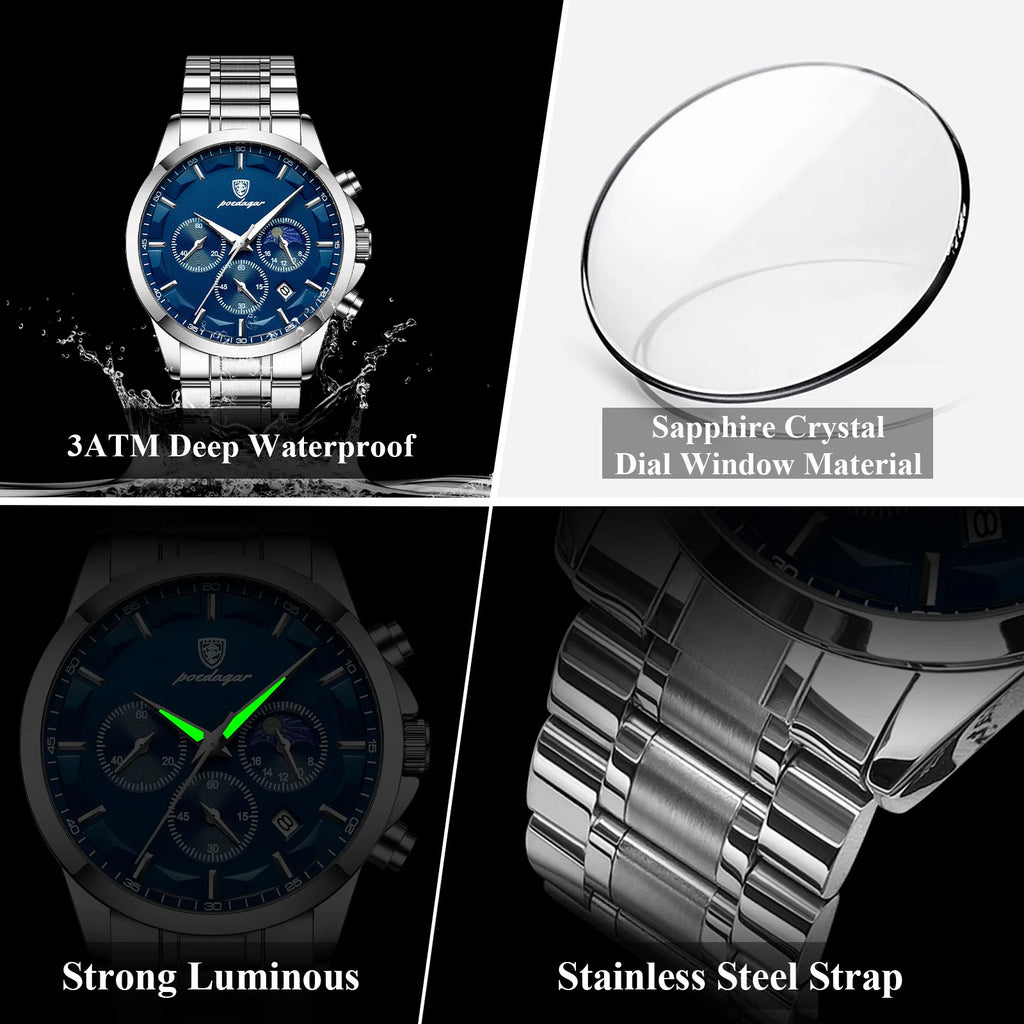 Poedagar 928 Luxury Men Watch Moon Phase Chronograph Relief Dial Stainless Steel Luminous Waterproof Business Sport Quartz Watch