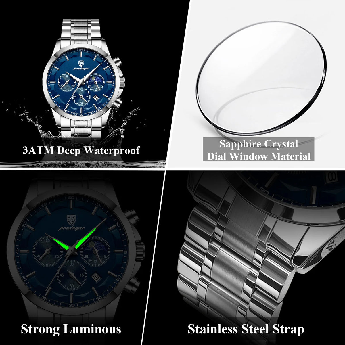 Poedagar 928 Luxury Men Watch Moon Phase Chronograph Relief Dial Stainless Steel Luminous Waterproof Business Sport Quartz Watch