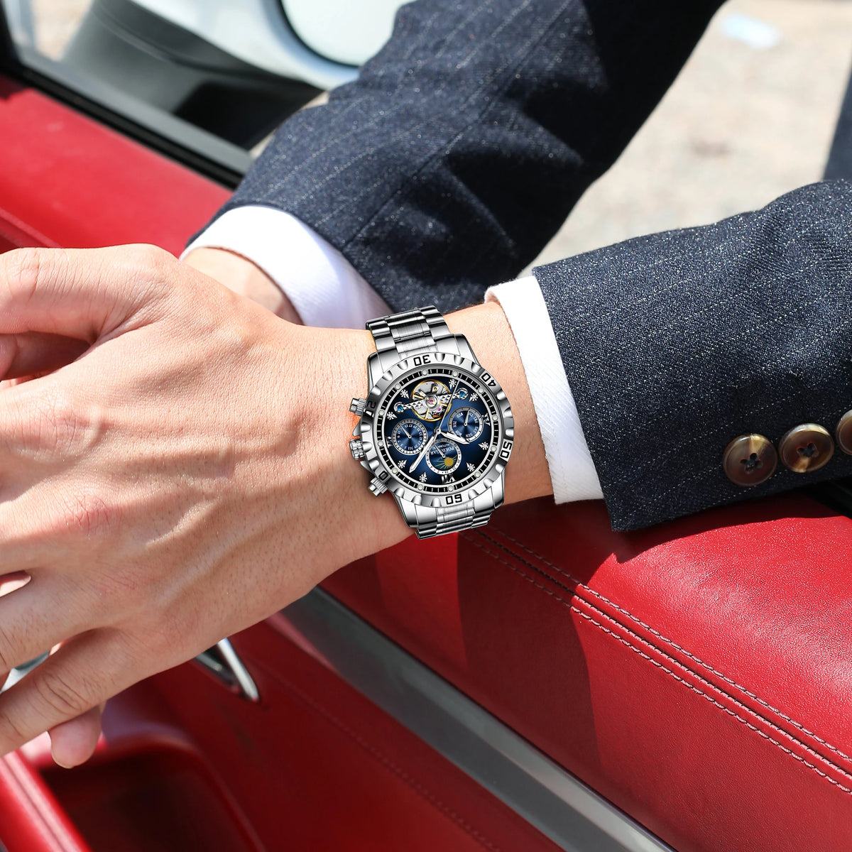 Poedagar 1423 Luxury Hollow Tourbillon Automatic Stainless Steel Band Waterproof Men Mechanical Watch