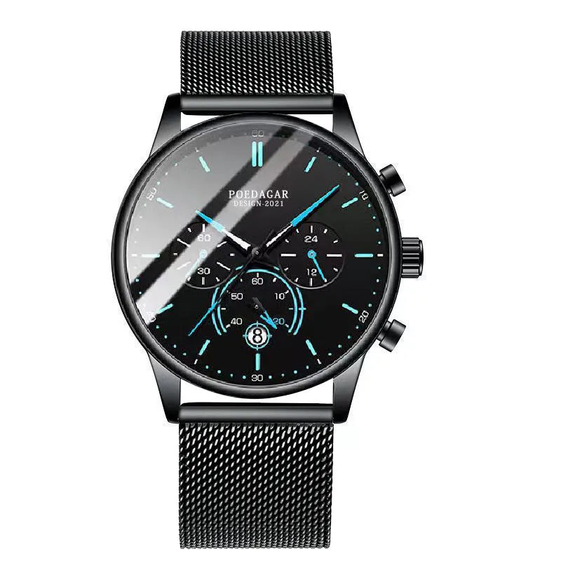 Poedagar Stainless Steel Mesh Watches Men Wrist Sport Chronograph Quartz Watches Waterproof Luminous Watch for Men Relojes Hombr