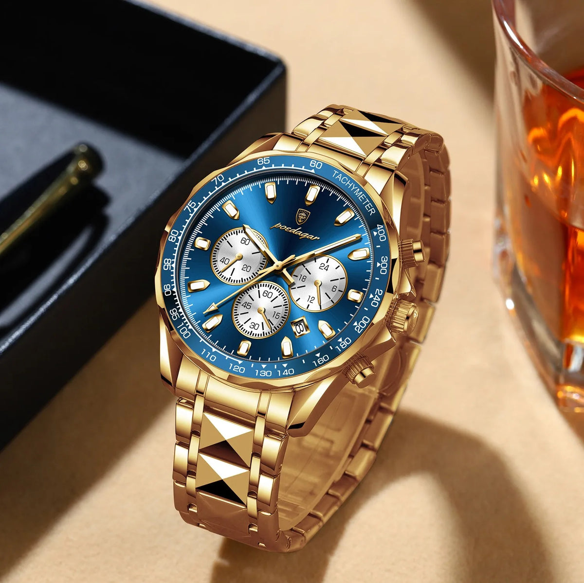Poedagar 815 Men Watches Luxury Sport Tachymeter Chronograph 3-Eye Dial Stainless Steel Waterproof Wholesale Factory Direct