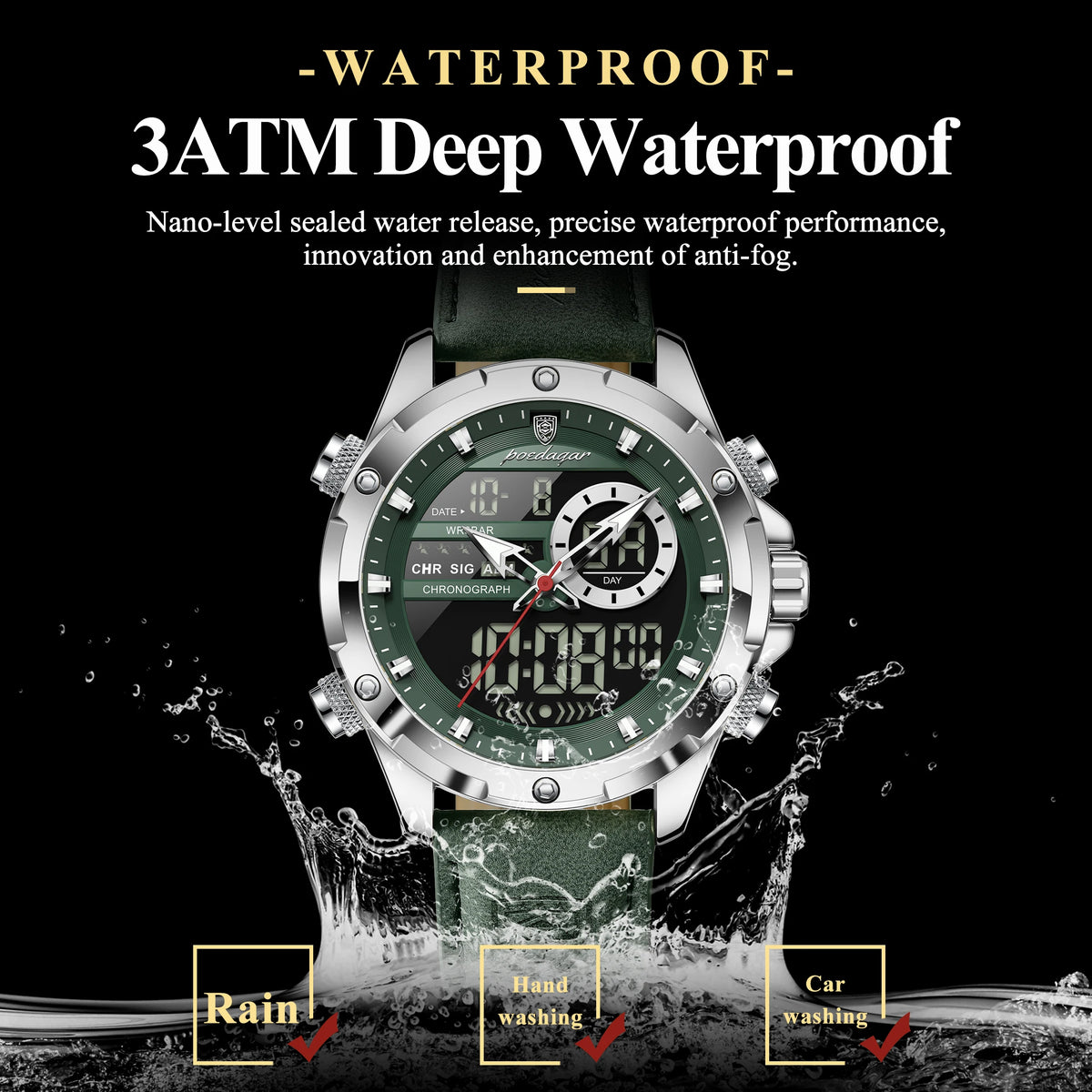 Poedagar E129 Mens Chronograph Watches Original Dual Display Quartz Watch Luxury Leather Strap Luminous Waterproof Watch for Men