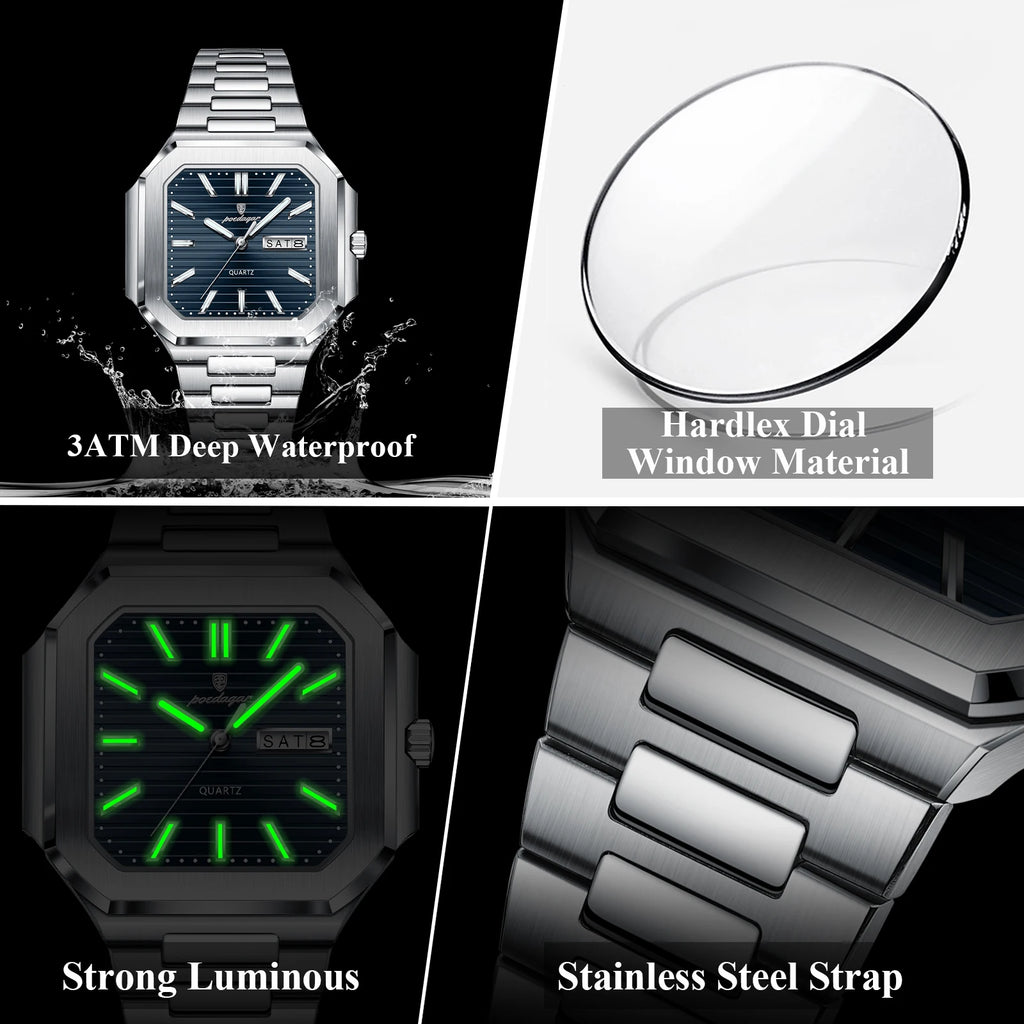 Poedagar 672 New Men's Luxury Stainless Steel Square Quartz Wristwatch Waterproof Luminous Date Display Watch for Men