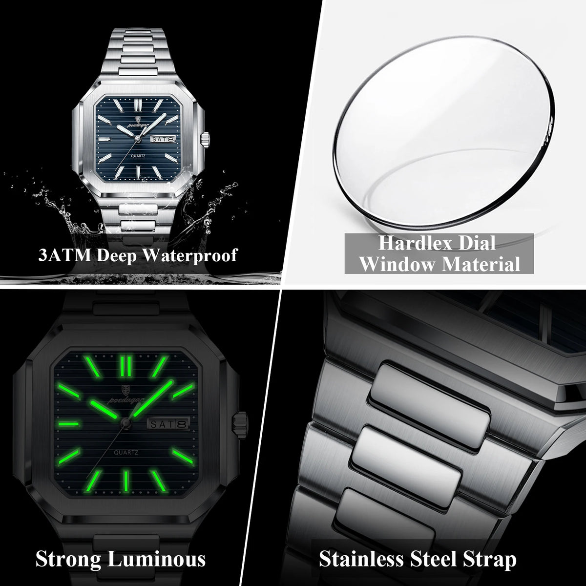 Poedagar 672 New Men's Luxury Stainless Steel Square Quartz Wristwatch Waterproof Luminous Date Display Watch for Men
