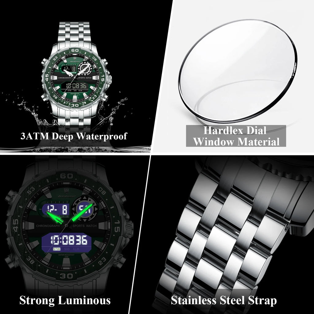 Poedagar E122 Luxury Men Watch Multifunction LED Display Alarm Luminous Waterproof Chronograph Stainless Steel Montre Wristwatch